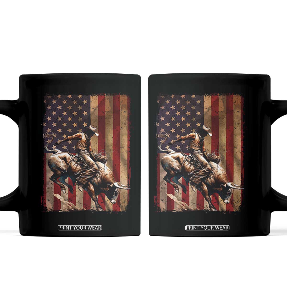 Black Cowboy Bull Rider Coffee Mug Western Rodeo Patriotic American Flag TS14 Black Print Your Wear