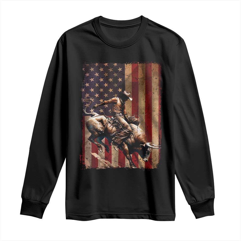 Black Cowboy Bull Rider Long Sleeve Shirt Western Rodeo Patriotic American Flag TS14 Black Print Your Wear