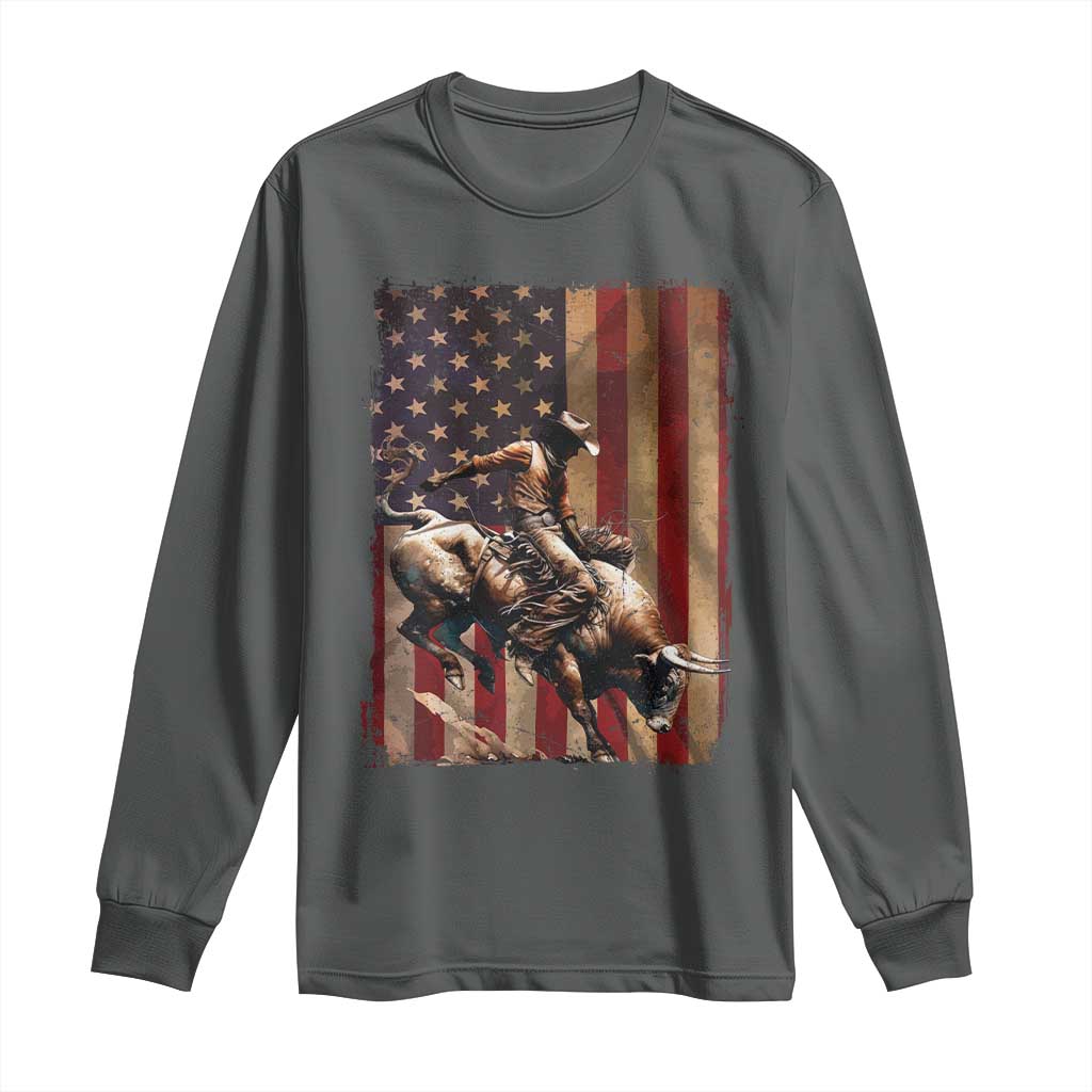 Black Cowboy Bull Rider Long Sleeve Shirt Western Rodeo Patriotic American Flag TS14 Dark Heather Print Your Wear