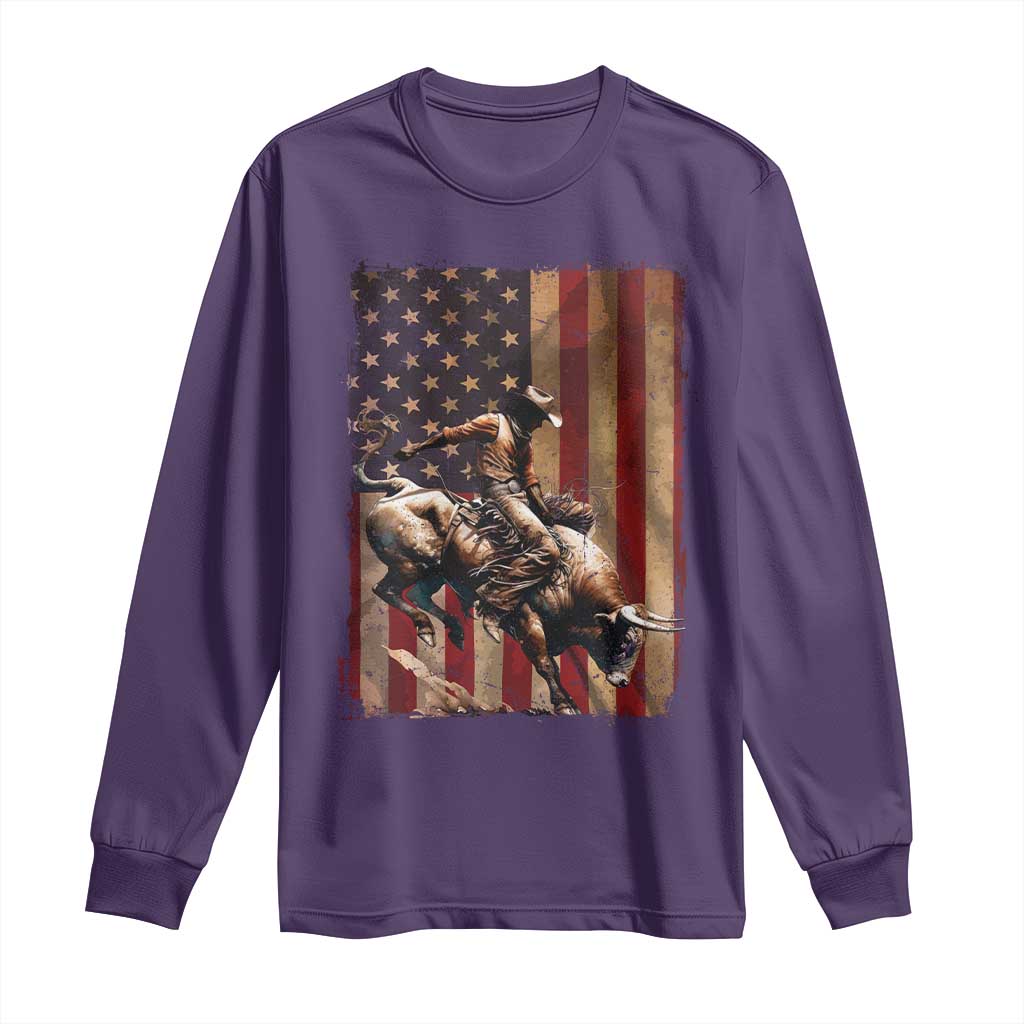 Black Cowboy Bull Rider Long Sleeve Shirt Western Rodeo Patriotic American Flag TS14 Purple Print Your Wear