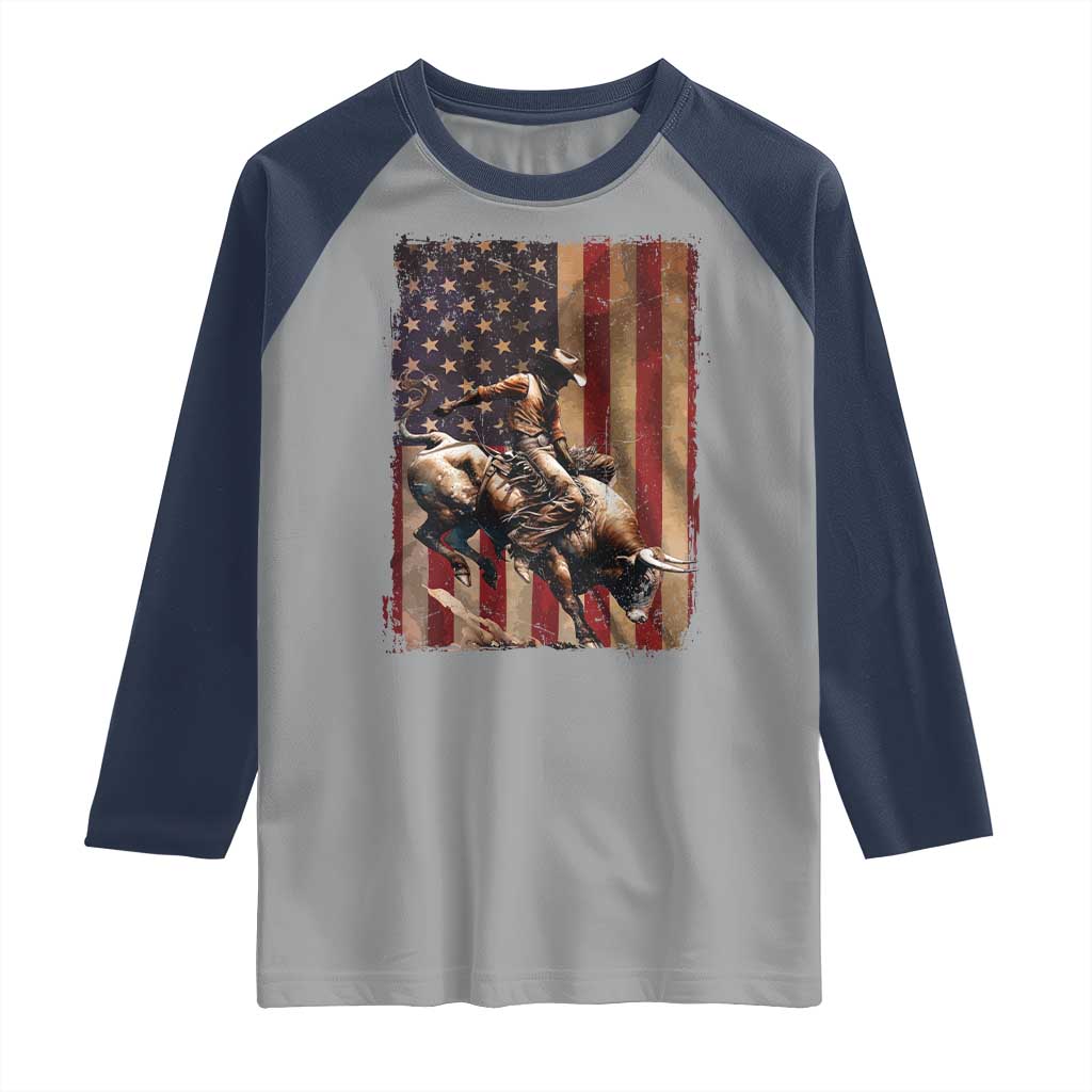 Black Cowboy Bull Rider Raglan Shirt Western Rodeo Patriotic American Flag TS14 Sport Gray Navy Print Your Wear