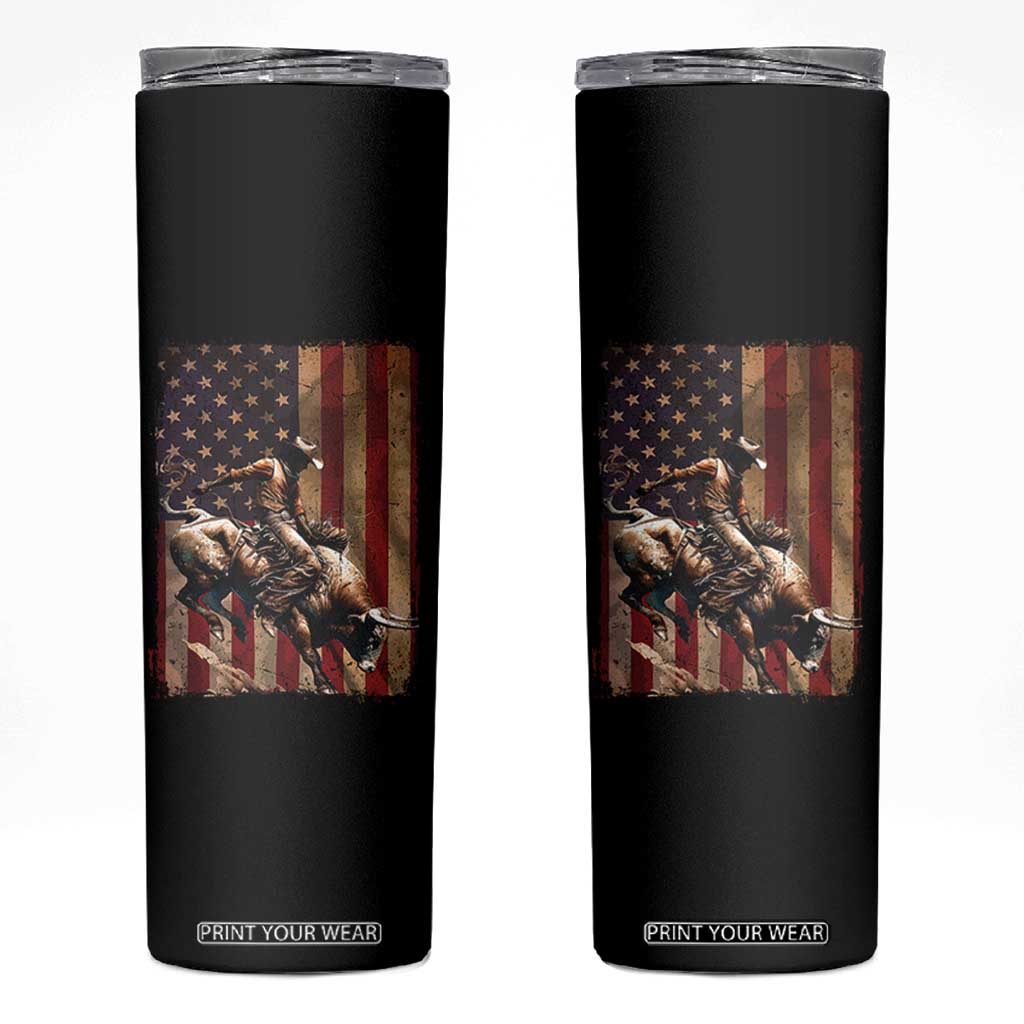 Black Cowboy Bull Rider Skinny Tumbler Western Rodeo Patriotic American Flag TS14 Black Print Your Wear
