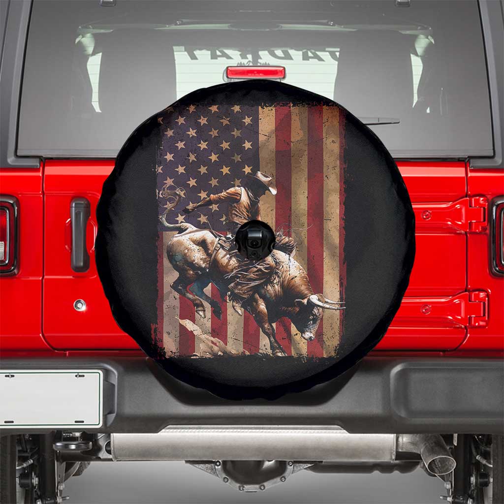 Black Cowboy Bull Rider Spare Tire Cover Western Rodeo Patriotic American Flag TS14 Black Print Your Wear