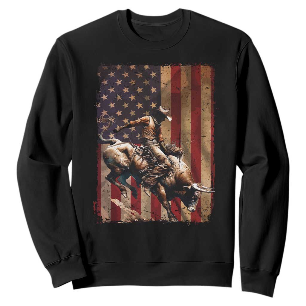 Black Cowboy Bull Rider Sweatshirt Western Rodeo Patriotic American Flag TS14 Black Print Your Wear