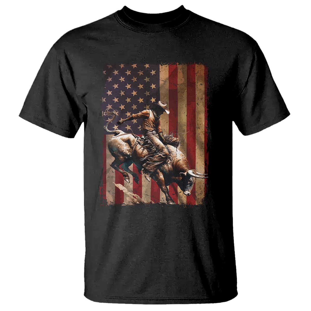Black Cowboy Bull Rider T Shirt Western Rodeo Patriotic American Flag TS14 Black Print Your Wear