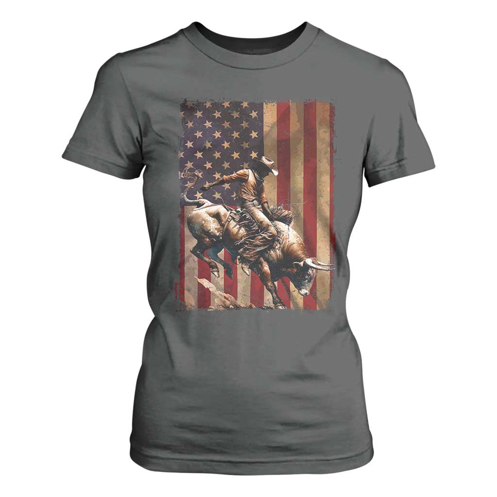 Black Cowboy Bull Rider T Shirt For Women Western Rodeo Patriotic American Flag TS14 Dark Heather Print Your Wear