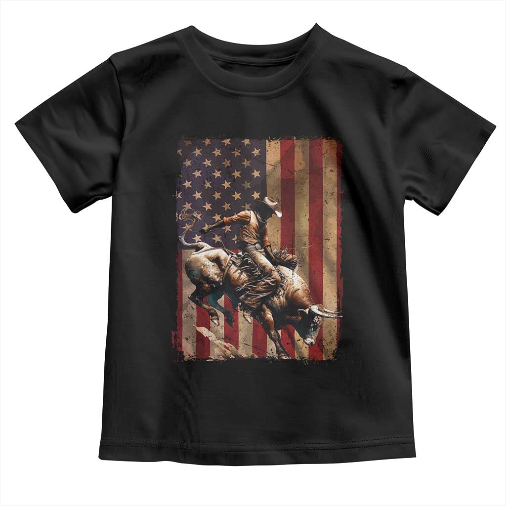 Black Cowboy Bull Rider Toddler T Shirt Western Rodeo Patriotic American Flag TS14 Black Print Your Wear