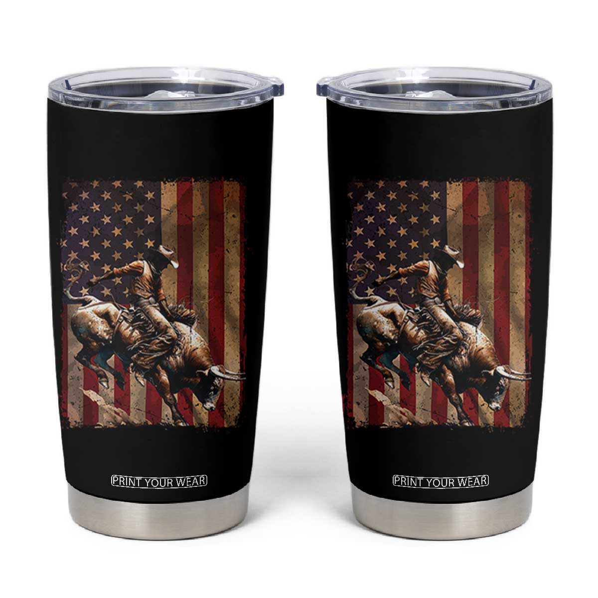 Black Cowboy Bull Rider Tumbler Cup Western Rodeo Patriotic American Flag TS14 Black Print Your Wear