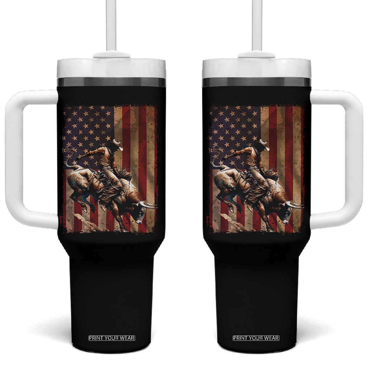 Black Cowboy Bull Rider Tumbler With Handle Western Rodeo Patriotic American Flag TS14 One Size: 40 oz Black Print Your Wear