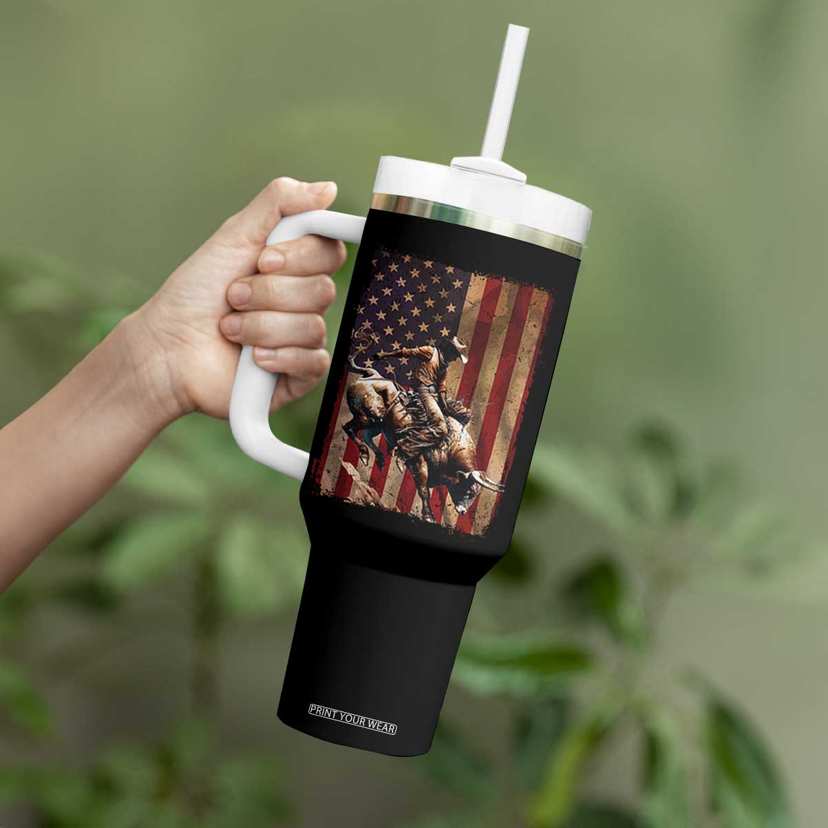 Black Cowboy Bull Rider Tumbler With Handle Western Rodeo Patriotic American Flag TS14 Print Your Wear