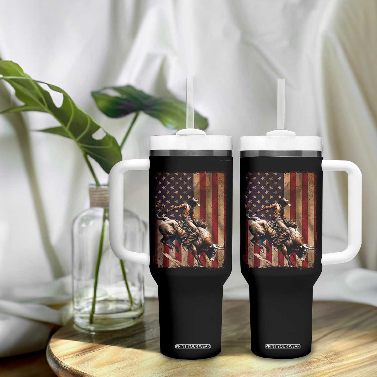 Black Cowboy Bull Rider Tumbler With Handle Western Rodeo Patriotic American Flag TS14 Print Your Wear