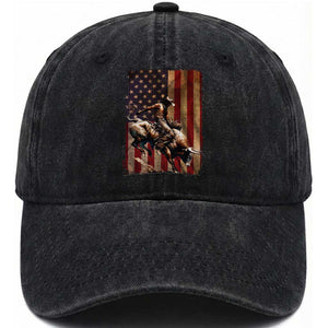 Black Cowboy Bull Rider Washed Cotton Baseball Cap Western Rodeo Patriotic American Flag TS14 Washed Cap Universal Fit Black Print Your Wear