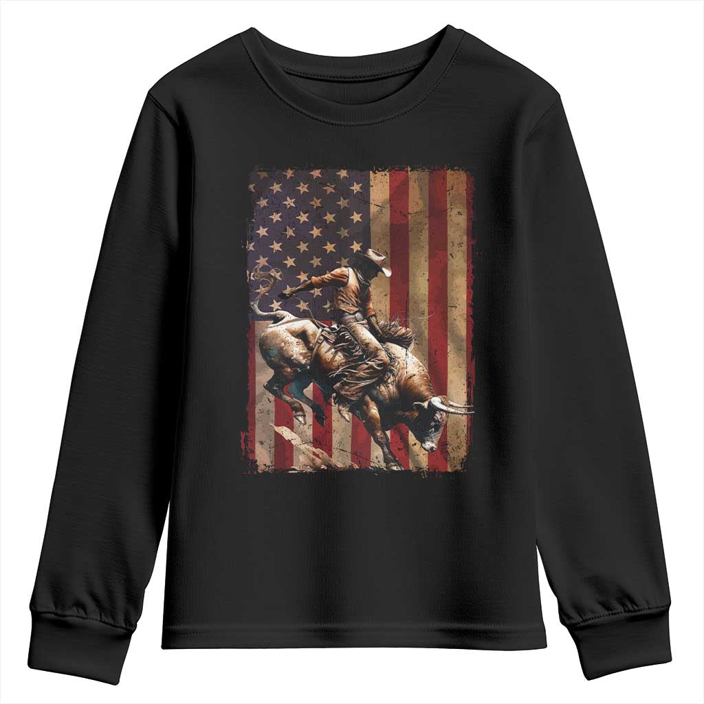 Black Cowboy Bull Rider Youth Sweatshirt Western Rodeo Patriotic American Flag TS14 Black Print Your Wear