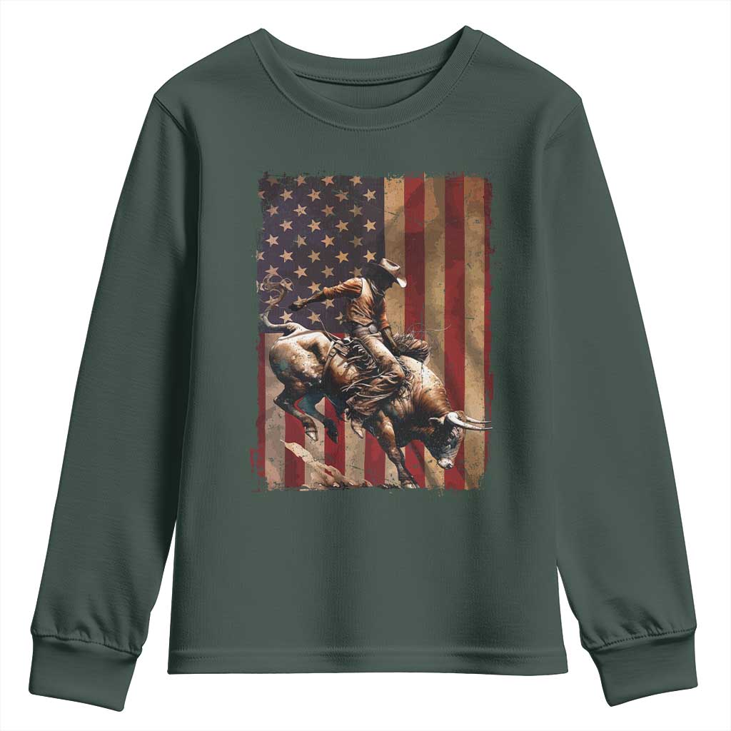 Black Cowboy Bull Rider Youth Sweatshirt Western Rodeo Patriotic American Flag TS14 Dark Forest Green Print Your Wear