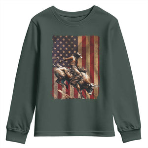 Black Cowboy Bull Rider Youth Sweatshirt Western Rodeo Patriotic American Flag TS14 Dark Forest Green Print Your Wear