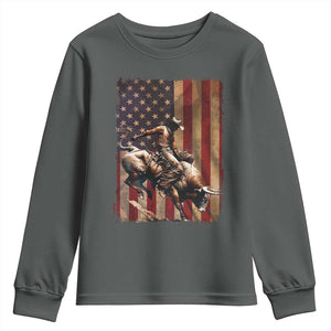 Black Cowboy Bull Rider Youth Sweatshirt Western Rodeo Patriotic American Flag TS14 Dark Heather Print Your Wear