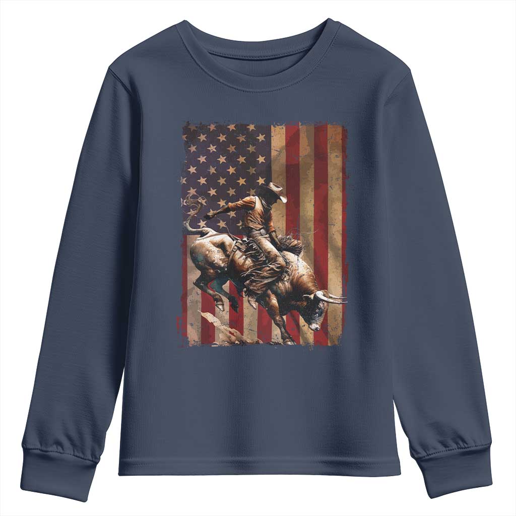 Black Cowboy Bull Rider Youth Sweatshirt Western Rodeo Patriotic American Flag TS14 Navy Print Your Wear