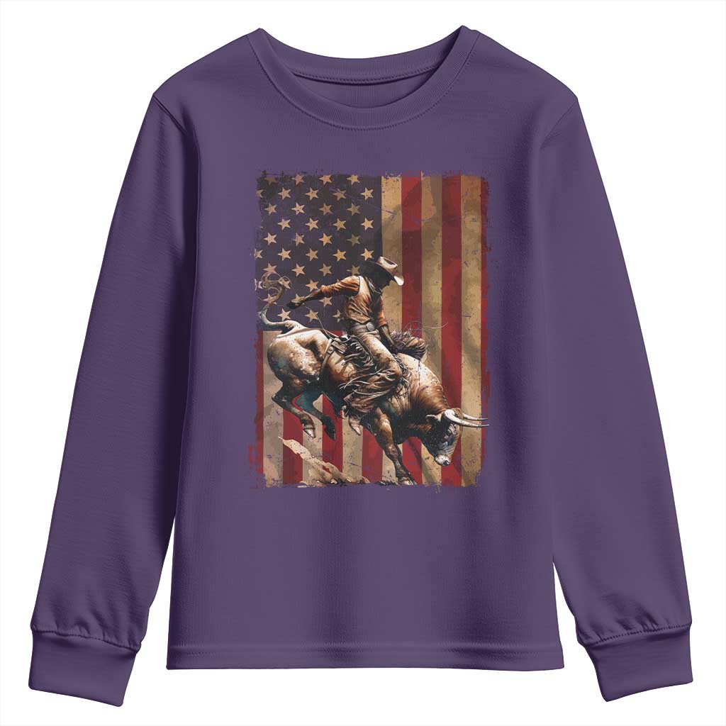 Black Cowboy Bull Rider Youth Sweatshirt Western Rodeo Patriotic American Flag TS14 Purple Print Your Wear
