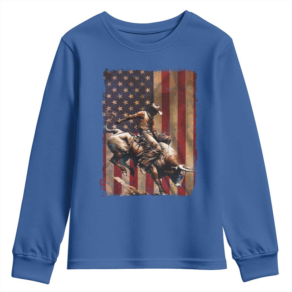 Black Cowboy Bull Rider Youth Sweatshirt Western Rodeo Patriotic American Flag TS14 Royal Blue Print Your Wear