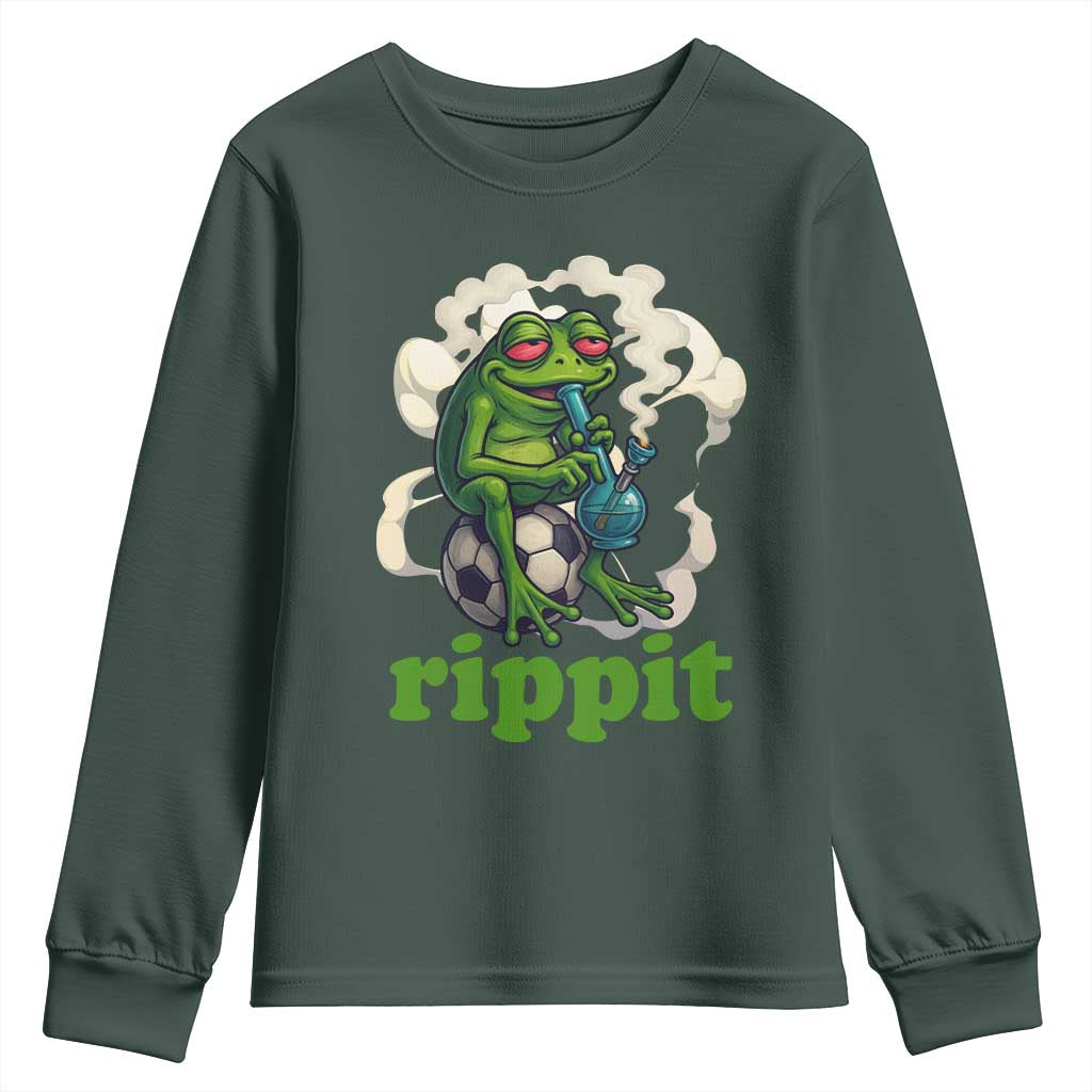 Rippit Stoner Frog Youth Sweatshirt Smoking Weed Pot Marijuana Cannabis 420 TS14 Dark Forest Green Print Your Wear