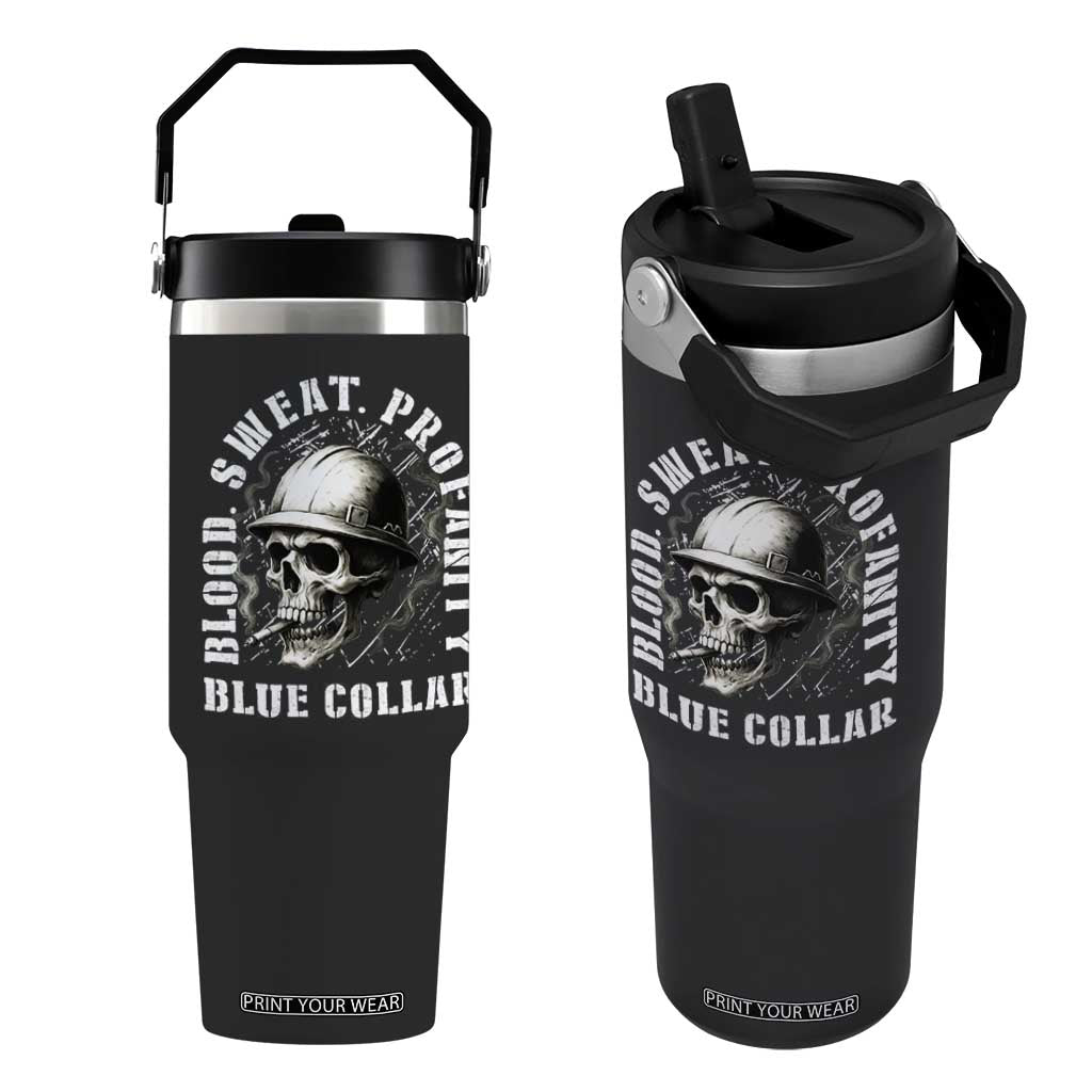 Skull Smoking Flip Straw Tumbler Blood Sweat Profanity Blue Collar TS14 One Size: 30 oz Black Print Your Wear