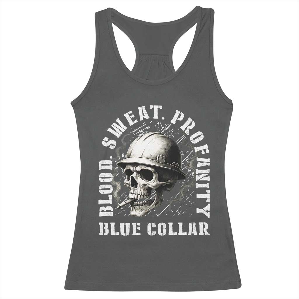 Skull Smoking Racerback Tank Top Blood Sweat Profanity Blue Collar TS14 Dark Heather Print Your Wear