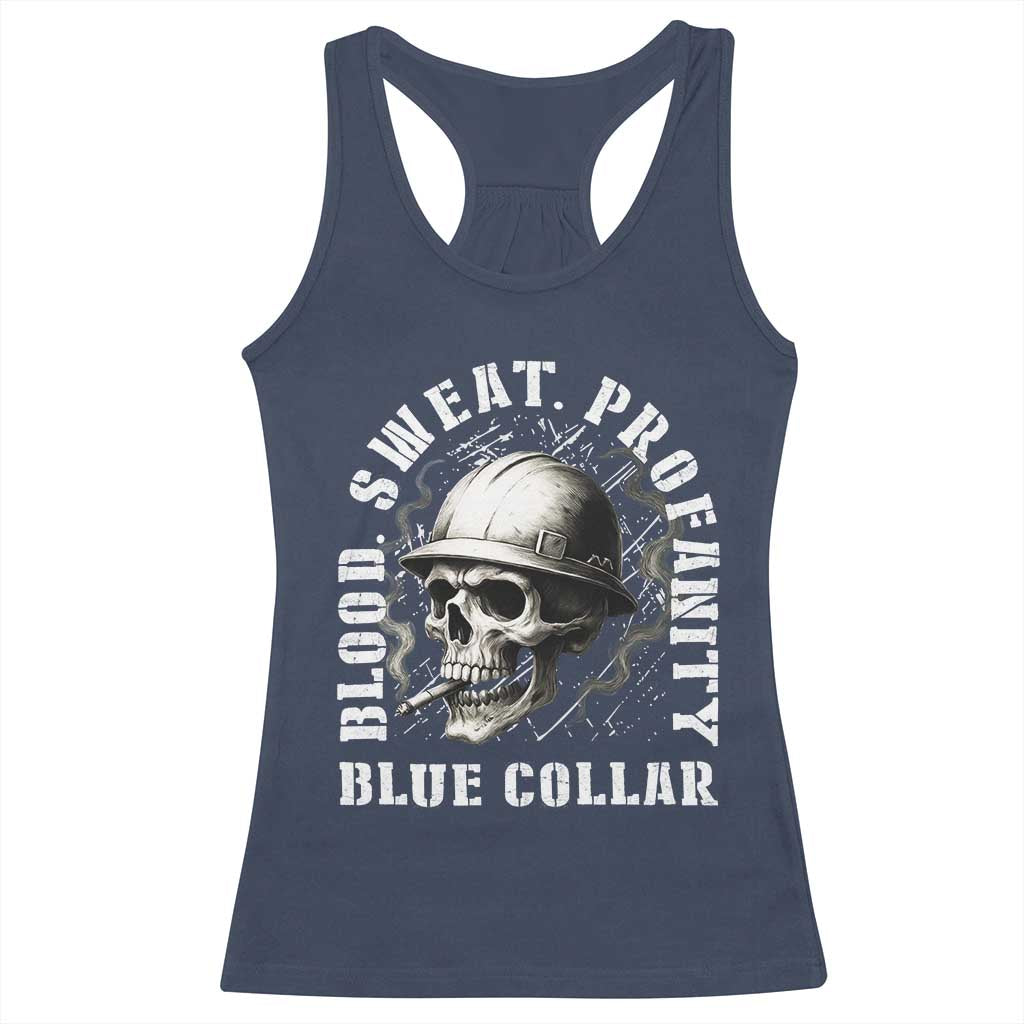 Skull Smoking Racerback Tank Top Blood Sweat Profanity Blue Collar TS14 Navy Print Your Wear
