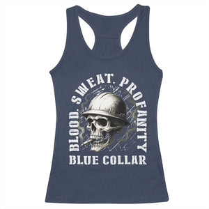Skull Smoking Racerback Tank Top Blood Sweat Profanity Blue Collar TS14 Navy Print Your Wear