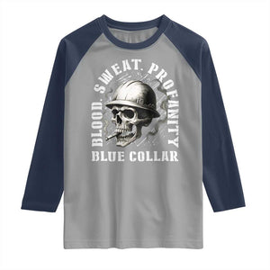 Skull Smoking Raglan Shirt Blood Sweat Profanity Blue Collar TS14 Sport Gray Navy Print Your Wear
