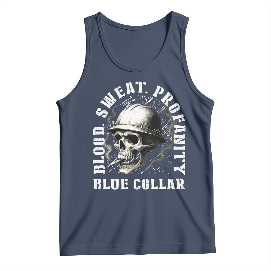 Skull Smoking Tank Top Blood Sweat Profanity Blue Collar TS14 Navy Print Your Wear