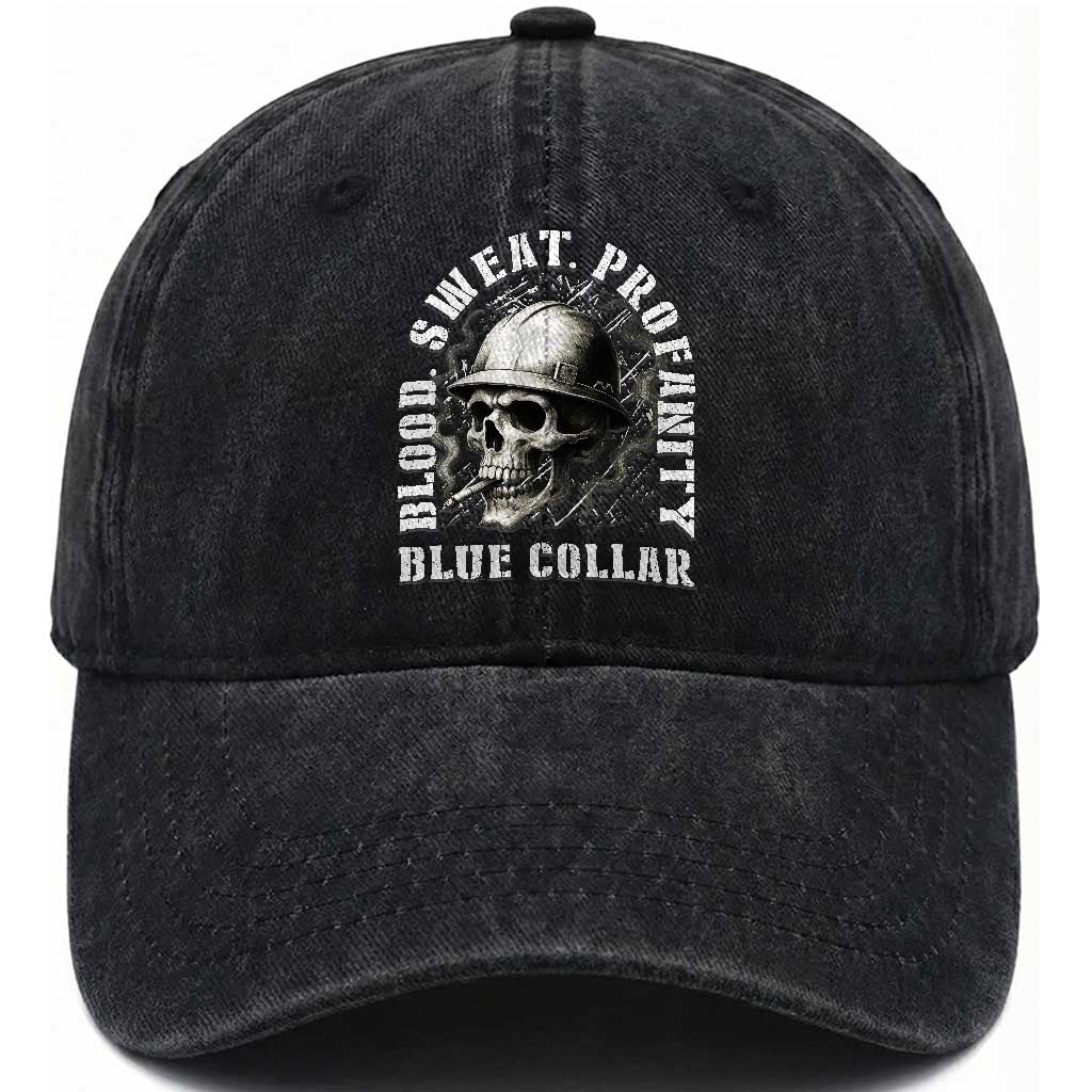 Skull Smoking Washed Cotton Baseball Cap Blood Sweat Profanity Blue Collar TS14 Washed Cap Universal Fit Black Print Your Wear