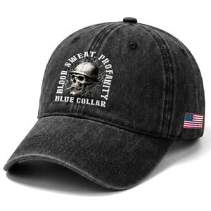 Skull Smoking Washed Cotton Baseball Cap Blood Sweat Profanity Blue Collar TS14 Print Your Wear