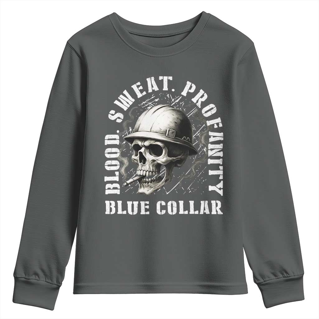 Skull Smoking Youth Sweatshirt Blood Sweat Profanity Blue Collar TS14 Dark Heather Print Your Wear