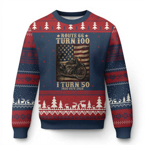 Route Highway 66 Turn 100 I Turn 50 Ugly Christmas Sweater Vintage 1976 Road Sign Motorcycle Lover 50th Birthday Gift
