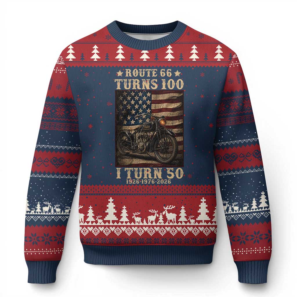 Route Highway 66 Turns 100 I Turn 50 Ugly Christmas Sweater Vintage 1976 Road Sign Motorcycle Lover 50th Birthday Gift TS14 Navy Red Print Your Wear