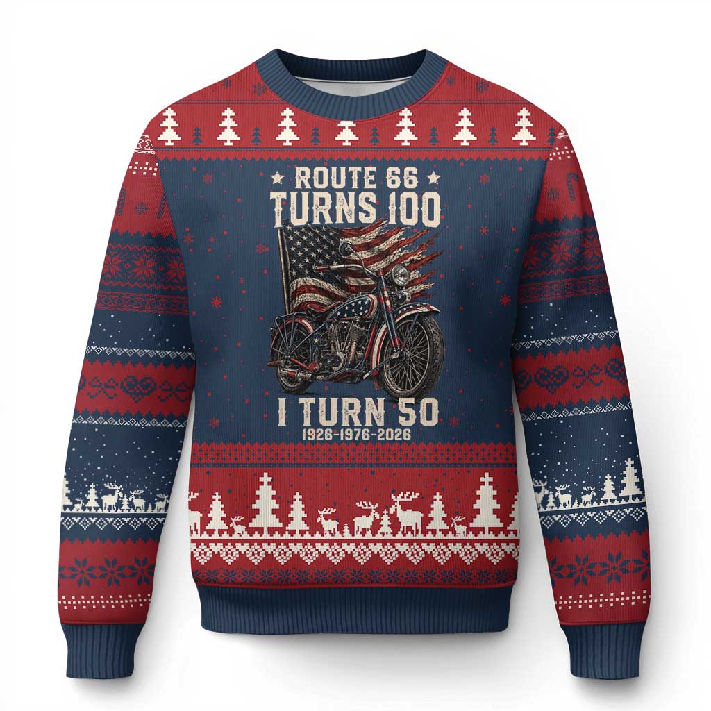 Route Highway 66 Turns 100 I Turn 50 Ugly Christmas Sweater Vintage 1976 Road Sign Classic Motorcycle Lover 50th Birthday Gift TS14 Navy Red Print Your Wear