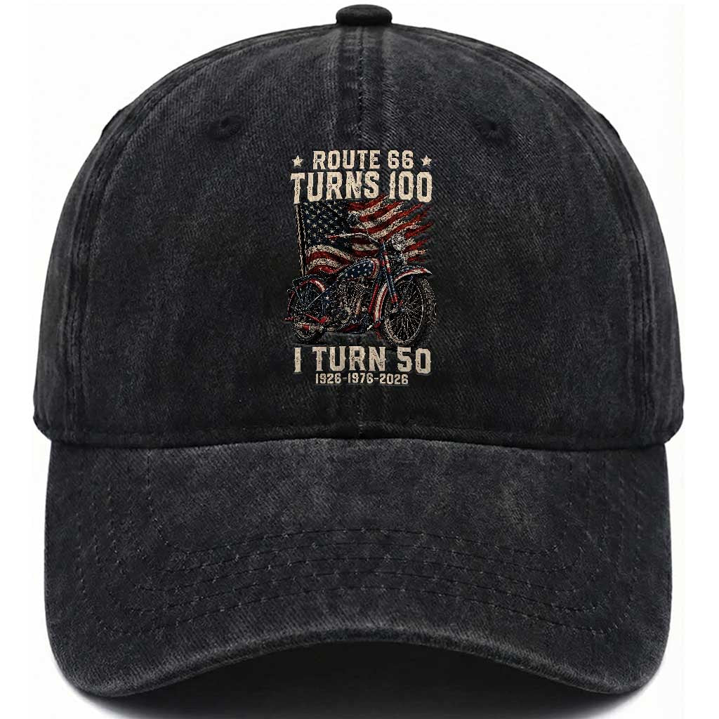 Route Highway 66 Turns 100 I Turn 50 Washed Cotton Baseball Cap Vintage 1976 Road Sign Classic Motorcycle Lover 50th Birthday Gift TS14 Print Your Wear