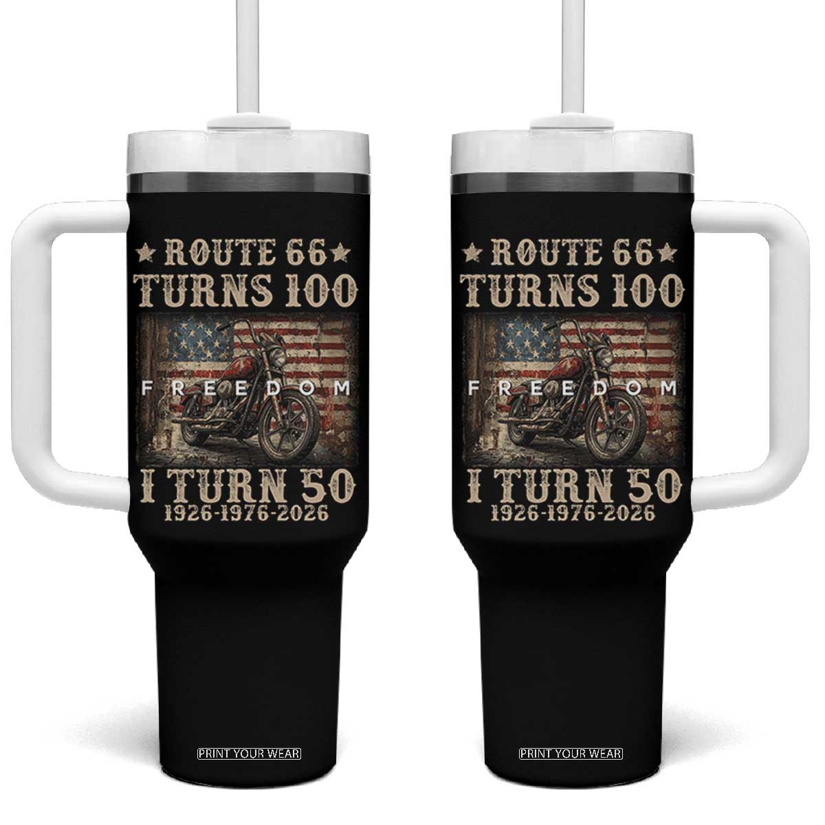 Route Highway 66 Turns 100 I Turn 50 Tumbler With Handle Vintage 1976 Road Sign American Freedom Motorcycle Rider 50th Birthday Gift TS14 One Size: 40 oz Black Print Your Wear