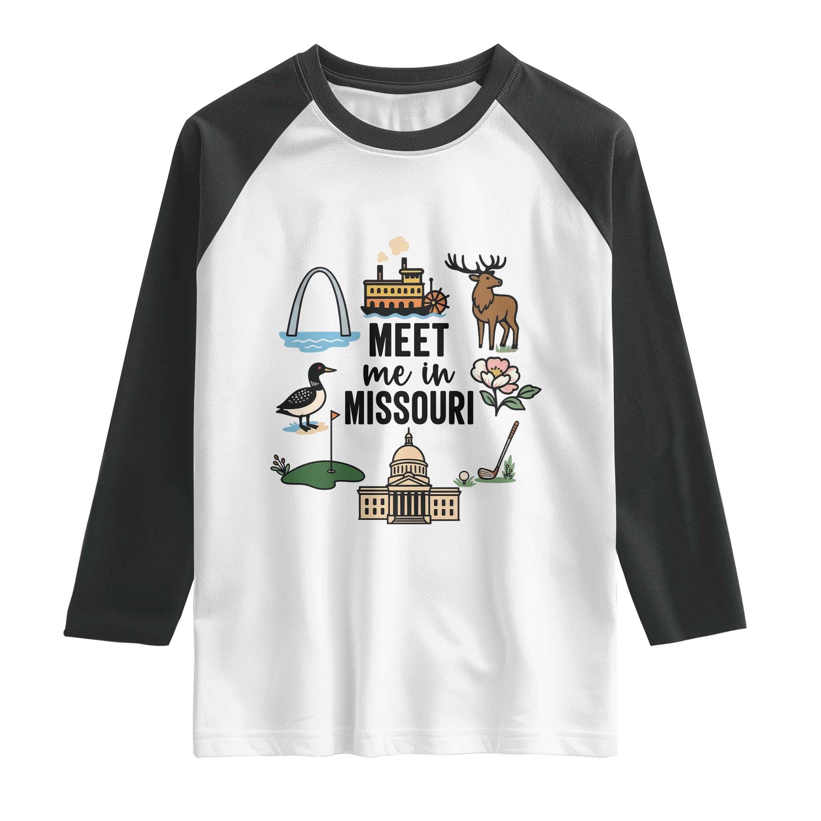 Meet Me in Missouri State Map Souvenir Raglan Shirt TS14 White Black Print Your Wear