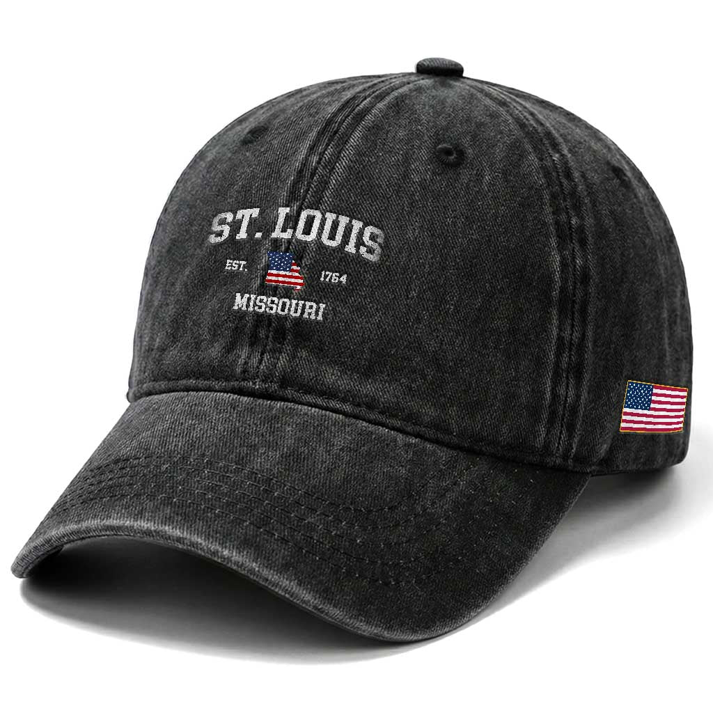St. Louis Missouri MO Washed Cotton Baseball Cap Vintage American Flag Missouri State