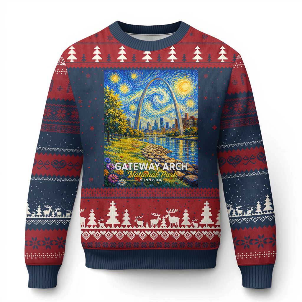 Gateway Arch National Park Van Gogh Style Starry Night Ugly Christmas Sweater St Louis Missouri Travel Souvenir Gift TS14 Navy Red Print Your Wear