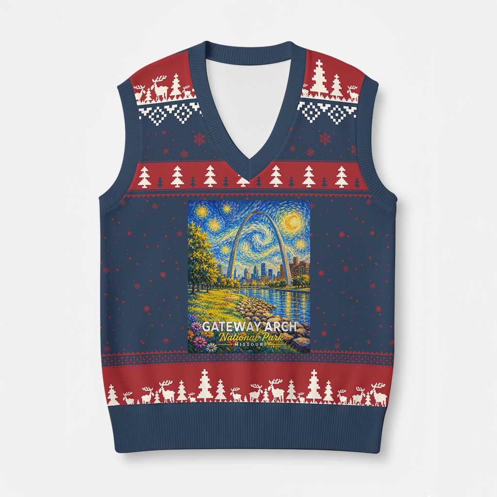 Gateway Arch National Park Van Gogh Style Starry Night V-Neck Knit Sweater Vest St Louis Missouri Travel Souvenir Gift