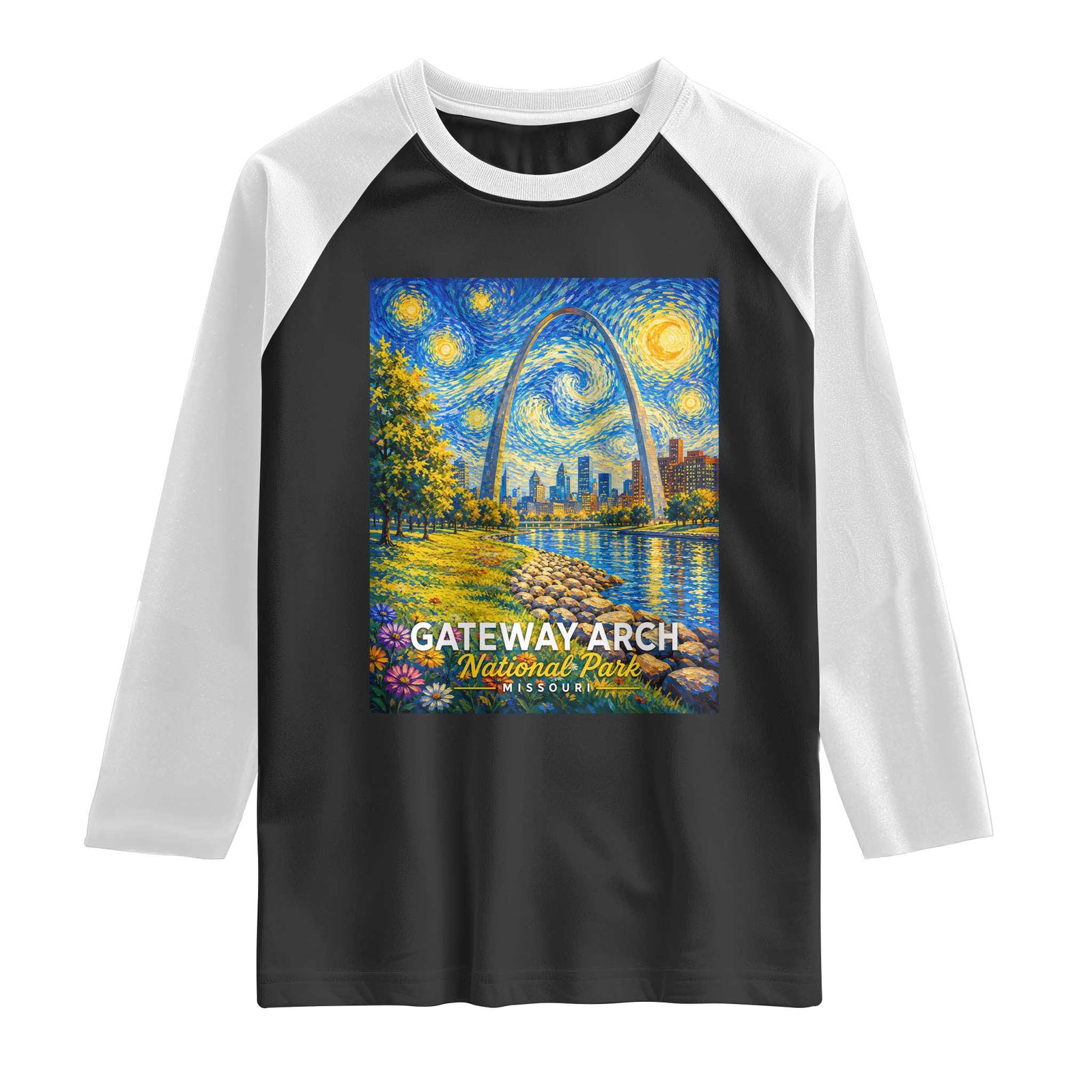 Gateway Arch National Park Van Gogh Style Starry Night Raglan Shirt St Louis Missouri Travel Souvenir Gift TS14 Black White Print Your Wear