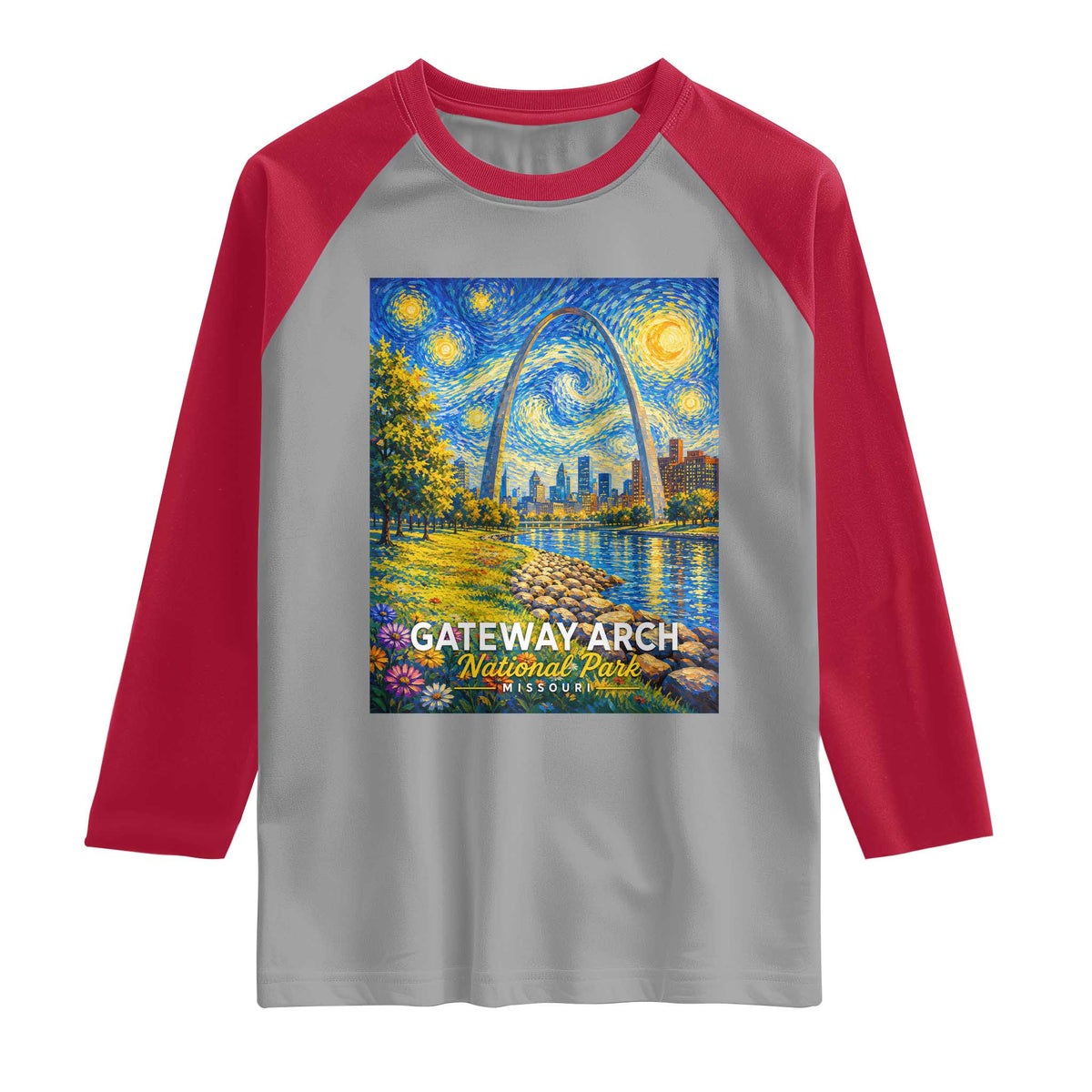 Gateway Arch National Park Van Gogh Style Starry Night Raglan Shirt St Louis Missouri Travel Souvenir Gift
