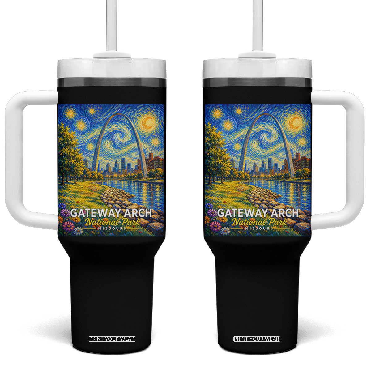 Gateway Arch National Park Van Gogh Style Starry Night Tumbler With Handle St Louis Missouri Travel Souvenir Gift TS14 One Size: 40 oz Black Print Your Wear