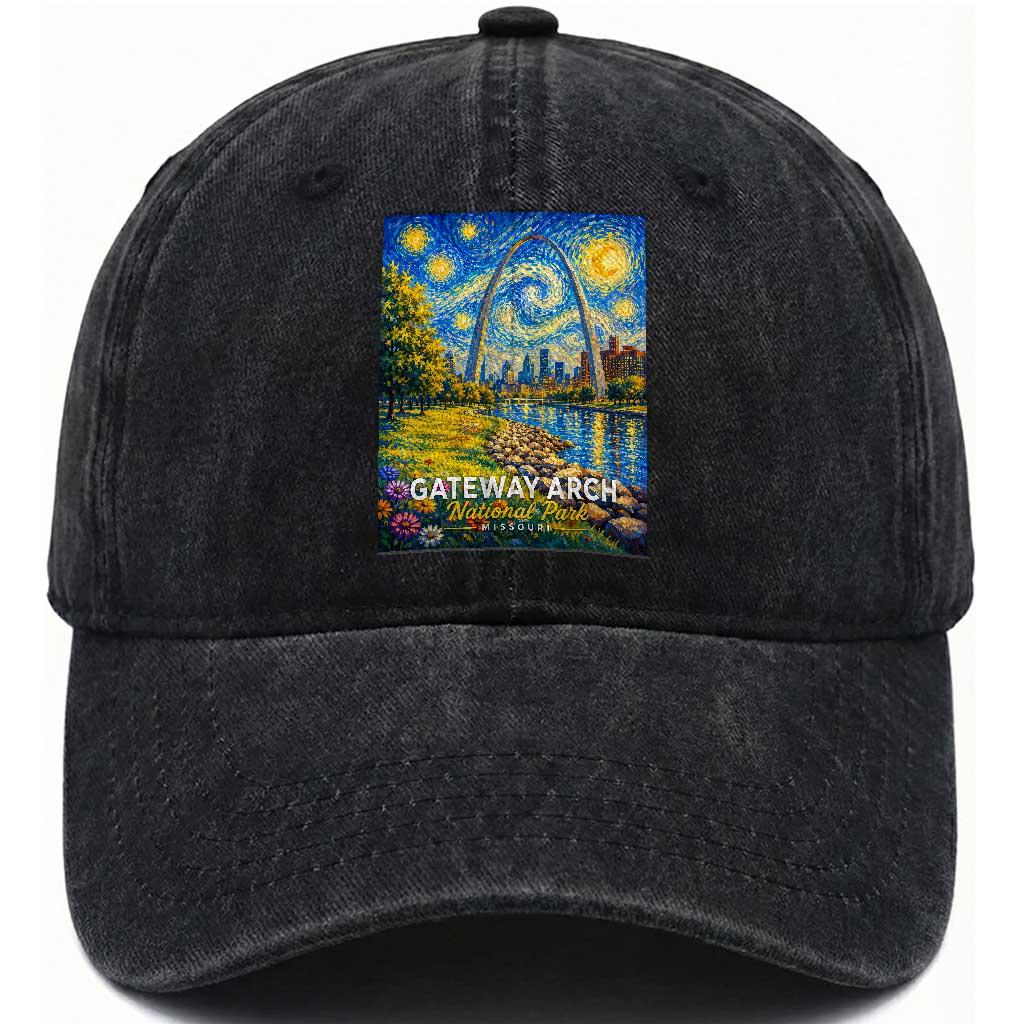 Gateway Arch National Park Van Gogh Style Starry Night Washed Cotton Baseball Cap St Louis Missouri Travel Souvenir Gift TS14 Print Your Wear