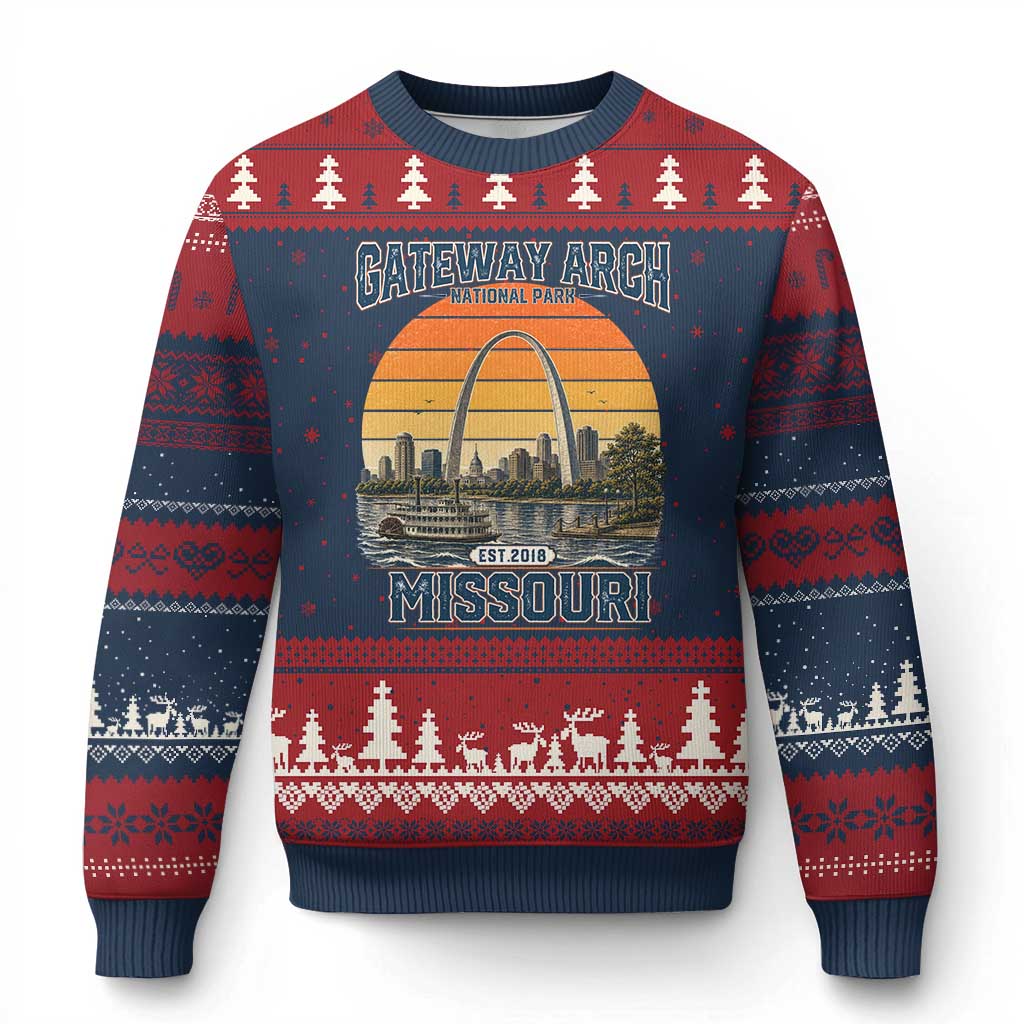 Gateway Arch National Park Ugly Christmas Sweater Retro St Louis Missouri Travel Souvenir Nature Gift TS14 Navy Red Print Your Wear