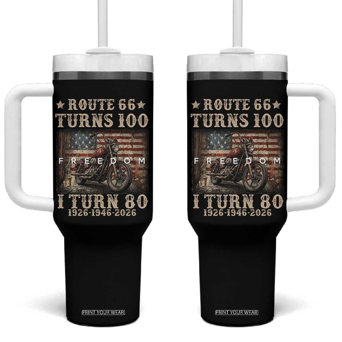 Route Highway 66 Turns 100 I Turn 80 Tumbler With Handle Vintage 1946 American Freedom Motorcycle Lover 80th Birthday Gift