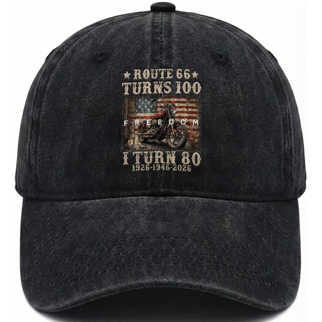 Route Highway 66 Turns 100 I Turn 80 Washed Cotton Baseball Cap Vintage 1946 American Freedom Motorcycle Lover 80th Birthday Gift TS14 Print Your Wear