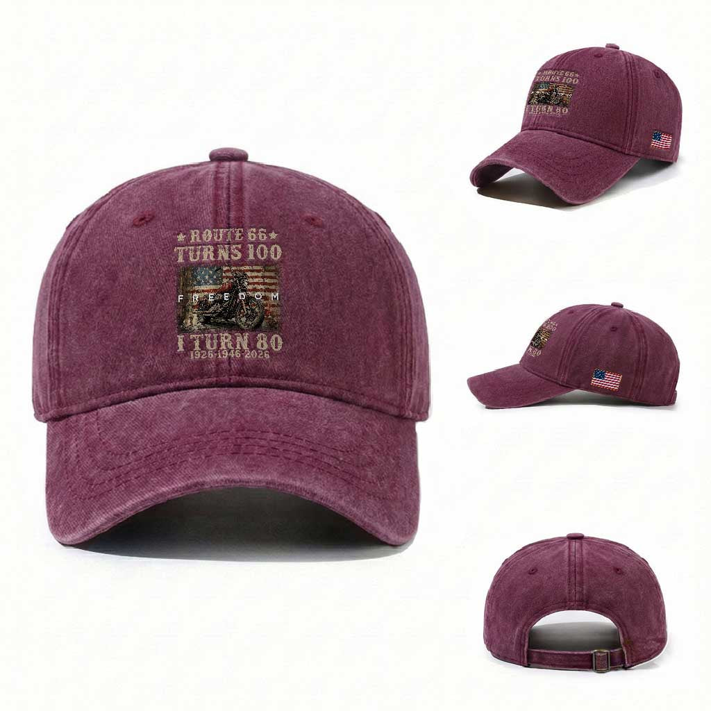 Route Highway 66 Turns 100 I Turn 80 Washed Cotton Baseball Cap Vintage 1946 American Freedom Motorcycle Lover 80th Birthday Gift